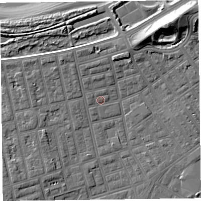 Shaded relief map of the ground around FY76QL, computed from Environment Agency LiDAR. The ground here sits at about 6 m above sea level and falls 18 m across the surrounding 800 m. Surface water reaching this point runs off ground lying to the west, 1.4 m higher.