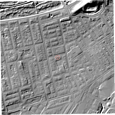 Shaded relief map of the ground around FY76QN, computed from Environment Agency LiDAR. The ground here sits at about 5 m above sea level and falls 17 m across the surrounding 800 m. Surface water reaching this point runs off ground lying to the south-south-east, 1.4 m higher.