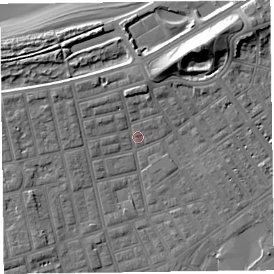 Shaded relief map of the ground around FY76QR, computed from Environment Agency LiDAR. The ground here sits at about 5 m above sea level and falls 18 m across the surrounding 800 m. Surface water reaching this point runs off ground lying to the north, 4.6 m higher.