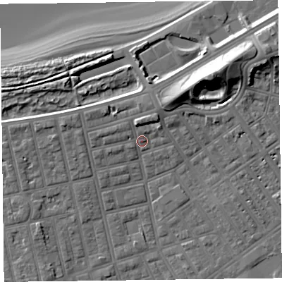 Shaded relief map of the ground around FY76QS, computed from Environment Agency LiDAR. The ground here sits at about 7 m above sea level and falls 19 m across the surrounding 800 m. Surface water reaching this point runs off ground lying to the north-north-east, 3.3 m higher.