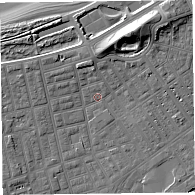 Shaded relief map of the ground around FY76QT, computed from Environment Agency LiDAR. The ground here sits at about 5 m above sea level and falls 20 m across the surrounding 800 m. Surface water reaching this point runs off ground lying to the north-north-east, 1.8 m higher.