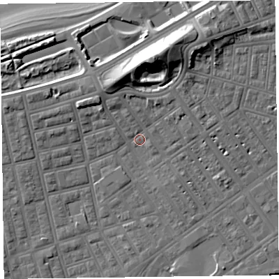 Shaded relief map of the ground around FY76QU, computed from Environment Agency LiDAR. The ground here sits at about 6 m above sea level and falls 20 m across the surrounding 800 m. Surface water reaching this point runs off ground lying to the north-west, 2.8 m higher.