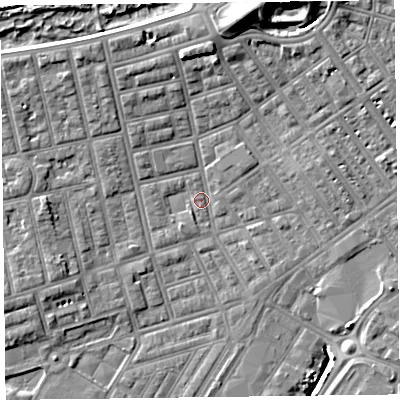 Shaded relief map of the ground around FY76QW, computed from Environment Agency LiDAR. The ground here sits at about 4 m above sea level and falls 13 m across the surrounding 800 m. Surface water reaching this point runs off ground lying to the north-north-east, 11.1 m higher.
