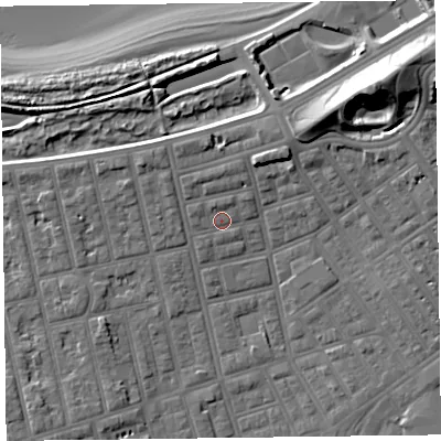 Shaded relief map of the ground around FY76RH, computed from Environment Agency LiDAR. The ground here sits at about 6 m above sea level and falls 19 m across the surrounding 800 m. Surface water reaching this point runs off ground lying to the north-north-west, 1.4 m higher.