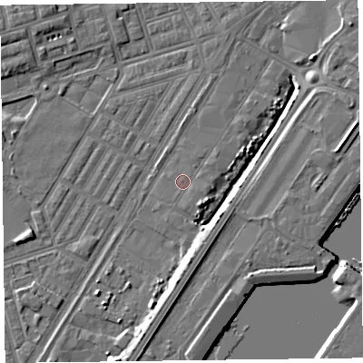 Shaded relief map of the ground around FY76RP, computed from Environment Agency LiDAR. The ground here sits at about 5 m above sea level and falls 7 m across the surrounding 800 m. Surface water reaching this point runs off ground lying to the east-south-east, 0.5 m higher.