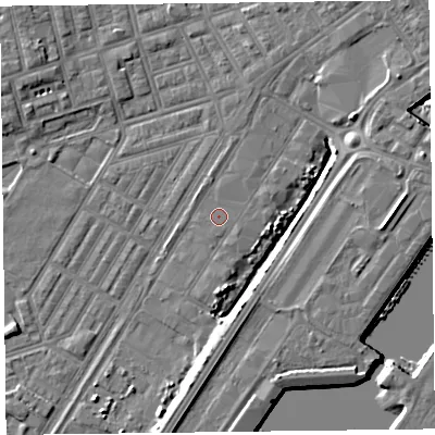 Shaded relief map of the ground around FY76RS, computed from Environment Agency LiDAR. The ground here sits at about 4 m above sea level and falls 9 m across the surrounding 800 m. Surface water reaching this point runs off ground lying to the east, 6.9 m higher.