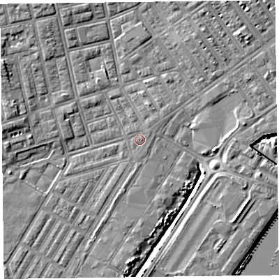 Shaded relief map of the ground around FY76RU, computed from Environment Agency LiDAR. The ground here sits at about 5 m above sea level and falls 9 m across the surrounding 800 m. Surface water reaching this point runs off ground lying to the north-east, 0.6 m higher.