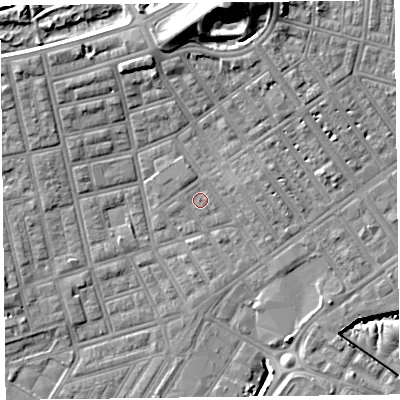 Shaded relief map of the ground around FY76SA, computed from Environment Agency LiDAR. The ground here sits at about 5 m above sea level and falls 20 m across the surrounding 800 m. The ground contributing surface water to this point lies to the north.