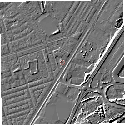 Shaded relief map of the ground around FY76SB, computed from Environment Agency LiDAR. The ground here sits at about 5 m above sea level and falls 12 m across the surrounding 800 m. Surface water reaching this point runs off ground lying to the north-north-west, 0.8 m higher.