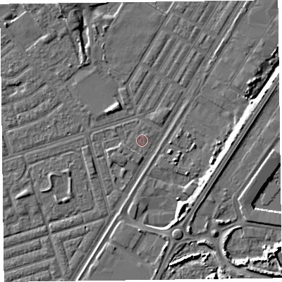 Shaded relief map of the ground around FY76SD, computed from Environment Agency LiDAR. The ground here sits at about 5 m above sea level and falls 8 m across the surrounding 800 m. The ground contributing surface water to this point lies to the north-north-east.