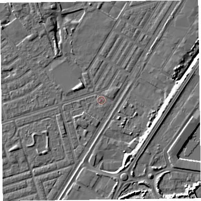 Shaded relief map of the ground around FY76SE, computed from Environment Agency LiDAR. The ground here sits at about 5 m above sea level and falls 8 m across the surrounding 800 m. Surface water reaching this point runs off ground lying to the south-west, 1.1 m higher.