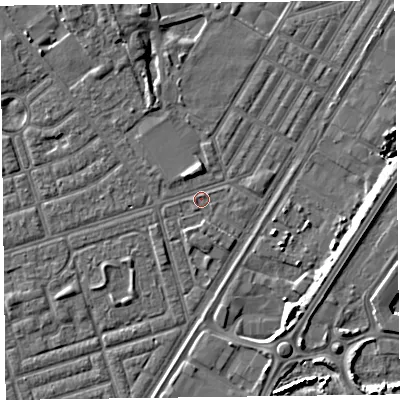 Shaded relief map of the ground around FY76SF, computed from Environment Agency LiDAR. The ground here sits at about 4 m above sea level and falls 7 m across the surrounding 800 m. Surface water reaching this point runs off ground lying to the south-south-west, 1.0 m higher.