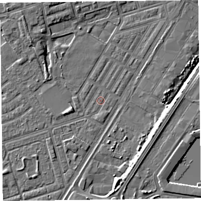 Shaded relief map of the ground around FY76SG, computed from Environment Agency LiDAR. The ground here sits at about 4 m above sea level and falls 7 m across the surrounding 800 m. Surface water reaching this point runs off ground lying to the south-west, 1.2 m higher.