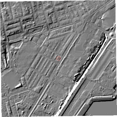 Shaded relief map of the ground around FY76SH, computed from Environment Agency LiDAR. The ground here sits at about 4 m above sea level and falls 6 m across the surrounding 800 m. Surface water reaching this point runs off ground lying to the south-south-east, 6.1 m higher.