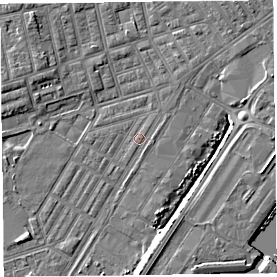 Shaded relief map of the ground around FY76SJ, computed from Environment Agency LiDAR. The ground here sits at about 4 m above sea level and falls 7 m across the surrounding 800 m. Surface water reaching this point runs off ground lying to the south-west, 0.9 m higher.