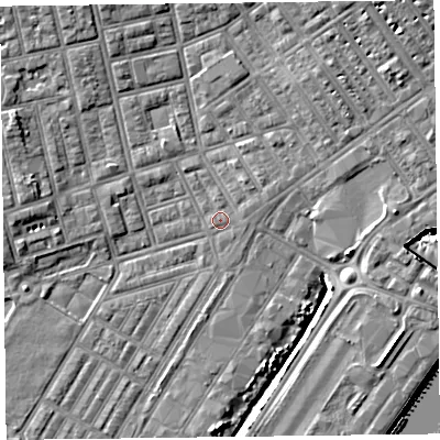 Shaded relief map of the ground around FY76SL, computed from Environment Agency LiDAR. The ground here sits at about 5 m above sea level and falls 9 m across the surrounding 800 m. Surface water reaching this point runs off ground lying to the east-north-east, 0.5 m higher.