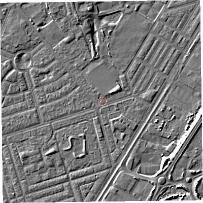 Shaded relief map of the ground around FY76SP, computed from Environment Agency LiDAR. The ground here sits at about 5 m above sea level and falls 6 m across the surrounding 800 m. Surface water reaching this point runs off ground lying to the north-north-west, 0.7 m higher.