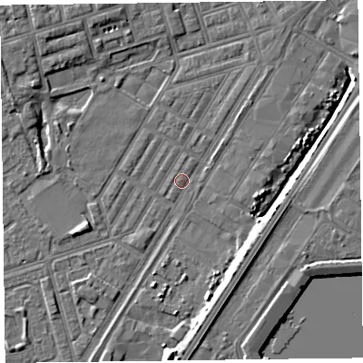 Shaded relief map of the ground around FY76SQ, computed from Environment Agency LiDAR. The ground here sits at about 5 m above sea level and falls 7 m across the surrounding 800 m. Surface water reaching this point runs off ground lying to the west-north-west, 3.6 m higher.