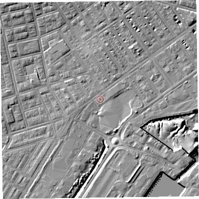 Shaded relief map of the ground around FY76SR, computed from Environment Agency LiDAR. The ground here sits at about 5 m above sea level and falls 11 m across the surrounding 800 m. Surface water reaching this point runs off ground lying to the north-east, 3.8 m higher.