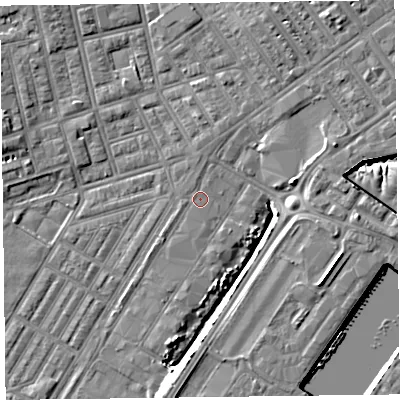 Shaded relief map of the ground around FY76ST, computed from Environment Agency LiDAR. The ground here sits at about 5 m above sea level and falls 9 m across the surrounding 800 m. Surface water reaching this point runs off ground lying to the north-north-east, 0.7 m higher.