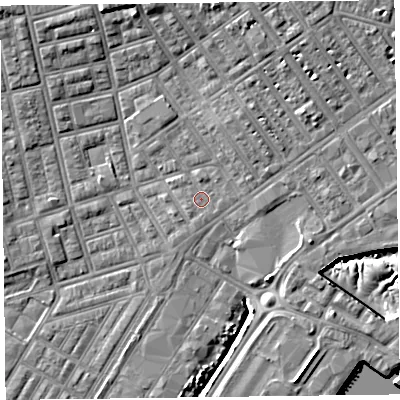 Shaded relief map of the ground around FY76SU, computed from Environment Agency LiDAR. The ground here sits at about 5 m above sea level and falls 12 m across the surrounding 800 m. The ground contributing surface water to this point lies to the south-east.