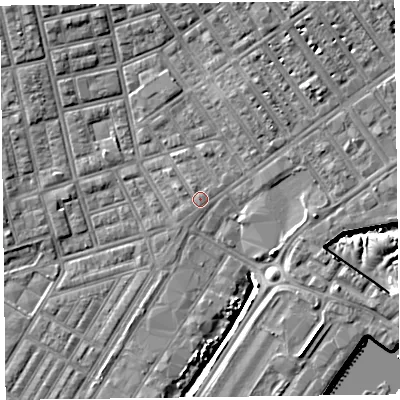 Shaded relief map of the ground around FY76SW, computed from Environment Agency LiDAR. The ground here sits at about 5 m above sea level and falls 10 m across the surrounding 800 m. Surface water reaching this point runs off ground lying to the north-north-west, 0.5 m higher.