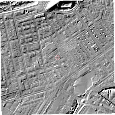 Shaded relief map of the ground around FY76SX, computed from Environment Agency LiDAR. The ground here sits at about 5 m above sea level and falls 16 m across the surrounding 800 m. Surface water reaching this point runs off ground lying to the east-north-east, 0.6 m higher.