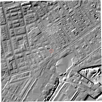 Shaded relief map of the ground around FY76SY, computed from Environment Agency LiDAR. The ground here sits at about 5 m above sea level and falls 12 m across the surrounding 800 m. Surface water reaching this point runs off ground lying to the north-west, 0.6 m higher.