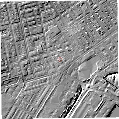 Shaded relief map of the ground around FY76SZ, computed from Environment Agency LiDAR. The ground here sits at about 5 m above sea level and falls 9 m across the surrounding 800 m. Surface water reaching this point runs off ground lying to the east-south-east, 0.8 m higher.