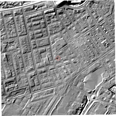 Shaded relief map of the ground around FY76TA, computed from Environment Agency LiDAR. The ground here sits at about 4 m above sea level and falls 14 m across the surrounding 800 m. Surface water reaching this point runs off ground lying to the north-north-west, 5.9 m higher.