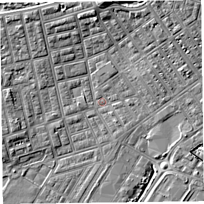 Shaded relief map of the ground around FY76TB, computed from Environment Agency LiDAR. The ground here sits at about 4 m above sea level and falls 12 m across the surrounding 800 m. Surface water reaching this point runs off ground lying to the north-north-west, 5.9 m higher.