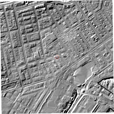 Shaded relief map of the ground around FY76TD, computed from Environment Agency LiDAR. The ground here sits at about 5 m above sea level and falls 11 m across the surrounding 800 m. Surface water reaching this point runs off ground lying to the north-east, 1.9 m higher.