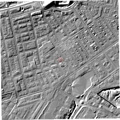 Shaded relief map of the ground around FY76TE, computed from Environment Agency LiDAR. The ground here sits at about 5 m above sea level and falls 15 m across the surrounding 800 m. Surface water reaching this point runs off ground lying to the north-east, 1.5 m higher.
