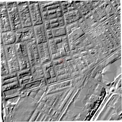 Shaded relief map of the ground around FY76TF, computed from Environment Agency LiDAR. The ground here sits at about 5 m above sea level and falls 8 m across the surrounding 800 m. Surface water reaching this point runs off ground lying to the north-north-west, 4.2 m higher.