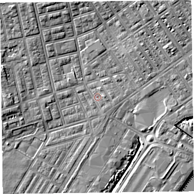 Shaded relief map of the ground around FY76TH, computed from Environment Agency LiDAR. The ground here sits at about 5 m above sea level and falls 9 m across the surrounding 800 m. Surface water reaching this point runs off ground lying to the south-east, 0.9 m higher.