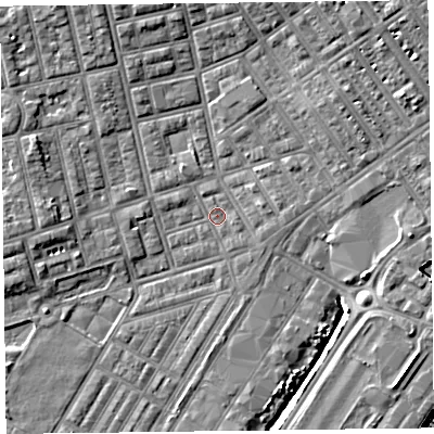 Shaded relief map of the ground around FY76TJ, computed from Environment Agency LiDAR. The ground here sits at about 4 m above sea level and falls 7 m across the surrounding 800 m. Surface water reaching this point runs off ground lying to the north-north-east, 4.1 m higher.