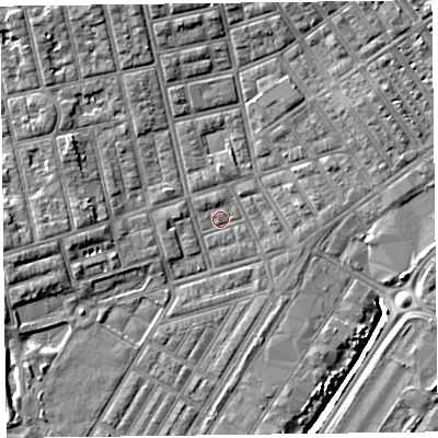 Shaded relief map of the ground around FY76TL, computed from Environment Agency LiDAR. The ground here sits at about 4 m above sea level and falls 7 m across the surrounding 800 m. Surface water reaching this point runs off ground lying to the north-east, 4.7 m higher.
