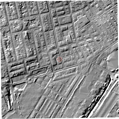 Shaded relief map of the ground around FY76TN, computed from Environment Agency LiDAR. The ground here sits at about 4 m above sea level and falls 6 m across the surrounding 800 m. Surface water reaching this point runs off ground lying to the north-west, 4.1 m higher.
