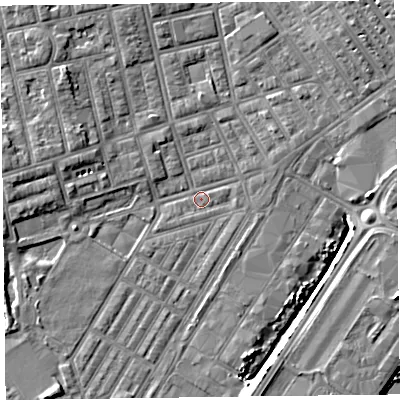 Shaded relief map of the ground around FY76TP, computed from Environment Agency LiDAR. The ground here sits at about 4 m above sea level and falls 7 m across the surrounding 800 m. Surface water reaching this point runs off ground lying to the west-south-west, 1.3 m higher.