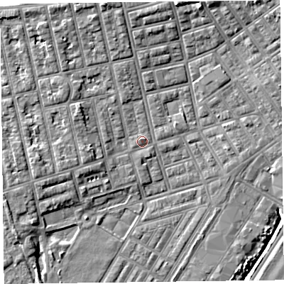 Shaded relief map of the ground around FY76TQ, computed from Environment Agency LiDAR. The ground here sits at about 5 m above sea level and falls 8 m across the surrounding 800 m. Surface water reaching this point runs off ground lying to the north-north-west, 1.7 m higher.