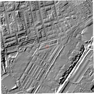 Shaded relief map of the ground around FY76TR, computed from Environment Agency LiDAR. The ground here sits at about 4 m above sea level and falls 6 m across the surrounding 800 m. Surface water reaching this point runs off ground lying to the south-west, 3.2 m higher.