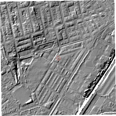 Shaded relief map of the ground around FY76TS, computed from Environment Agency LiDAR. The ground here sits at about 4 m above sea level and falls 6 m across the surrounding 800 m. Surface water reaching this point runs off ground lying to the west, 3.6 m higher.