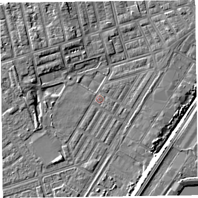 Shaded relief map of the ground around FY76TT, computed from Environment Agency LiDAR. The ground here sits at about 5 m above sea level and falls 6 m across the surrounding 800 m. Surface water reaching this point runs off ground lying to the south-south-east, 4.6 m higher.