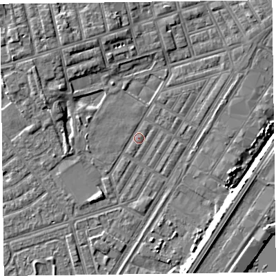 Shaded relief map of the ground around FY76TU, computed from Environment Agency LiDAR. The ground here sits at about 5 m above sea level and falls 6 m across the surrounding 800 m. Surface water reaching this point runs off ground lying to the south-east, 4.6 m higher.