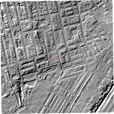 Shaded relief map of the ground around FY76TW, computed from Environment Agency LiDAR. The ground here sits at about 5 m above sea level and falls 6 m across the surrounding 800 m. Surface water reaching this point runs off ground lying to the north-west, 3.1 m higher.