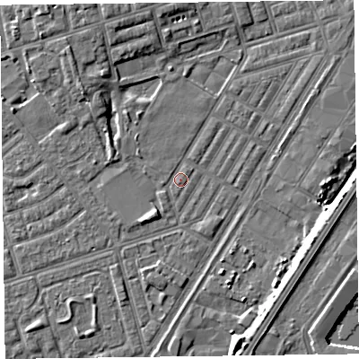 Shaded relief map of the ground around FY76TX, computed from Environment Agency LiDAR. The ground here sits at about 5 m above sea level and falls 7 m across the surrounding 800 m. The ground contributing surface water to this point lies to the east-south-east.