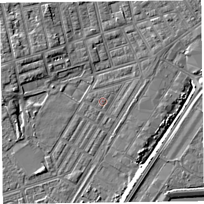 Shaded relief map of the ground around FY76TY, computed from Environment Agency LiDAR. The ground here sits at about 4 m above sea level and falls 6 m across the surrounding 800 m. Surface water reaching this point runs off ground lying to the south-south-west, 1.1 m higher.