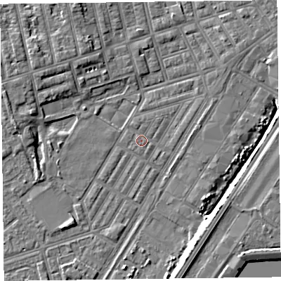 Shaded relief map of the ground around FY76TZ, computed from Environment Agency LiDAR. The ground here sits at about 5 m above sea level and falls 6 m across the surrounding 800 m. Surface water reaching this point runs off ground lying to the south-south-east, 4.6 m higher.