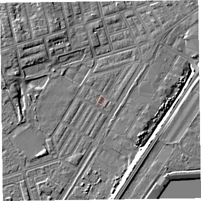 Shaded relief map of the ground around FY76UA, computed from Environment Agency LiDAR. The ground here sits at about 4 m above sea level and falls 6 m across the surrounding 800 m. Surface water reaching this point runs off ground lying to the south-south-east, 6.1 m higher.