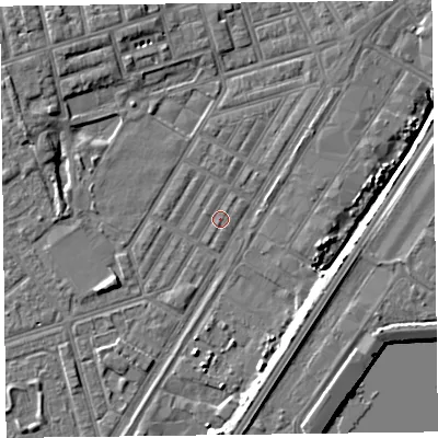 Shaded relief map of the ground around FY76UB, computed from Environment Agency LiDAR. The ground here sits at about 4 m above sea level and falls 7 m across the surrounding 800 m. The ground contributing surface water to this point lies to the west-north-west.